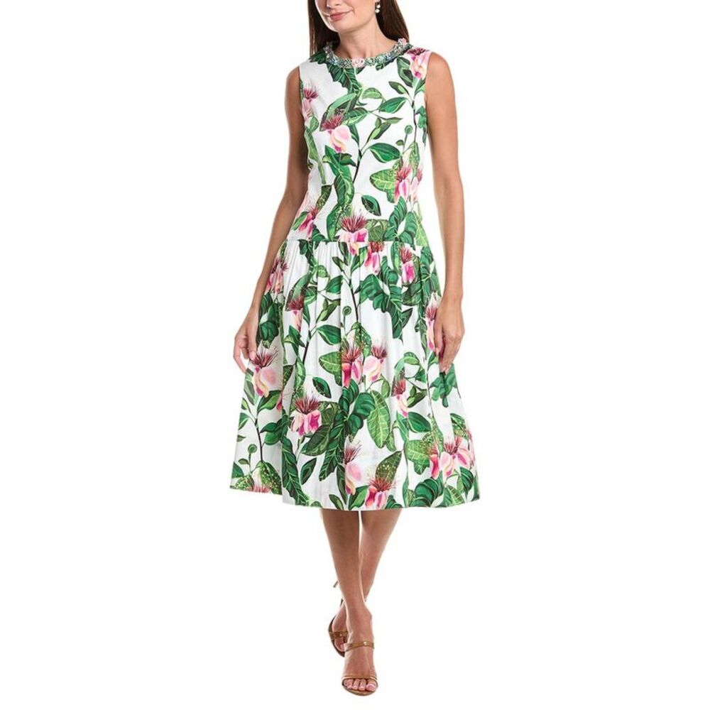 Teri Jon By Rickie Freeman Womens Floral Print Drop-Waist Necklace Trim Dress,